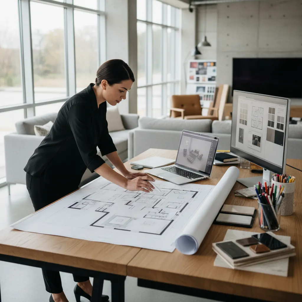Professional designer reviewing paper room layout on wooden desk with laptop and computer in bright office