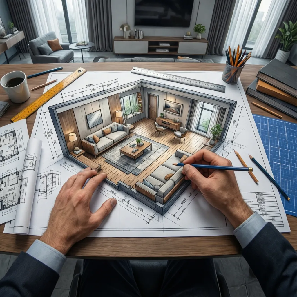 Diseñador organizando la distribución de un espacio en un plano arquitectónico