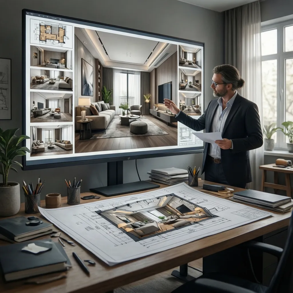 Diseñador revisando diferentes distribuciones de muebles en un plano digital