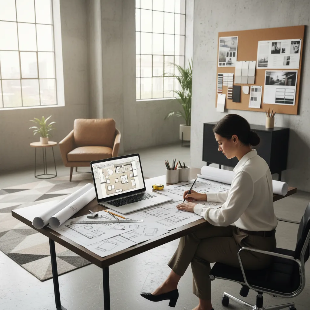 Diseñador trabajando en la distribución de un salón con planos y ordenador
