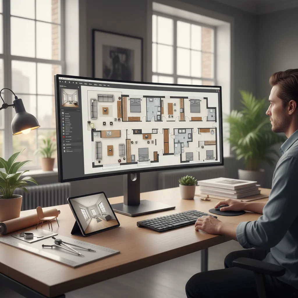 Diseñador revisando distribución de muebles en plano digital de vivienda