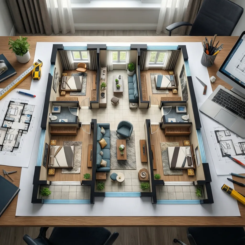 Plano de distribución de un apartamento con medidas y zonas funcionales