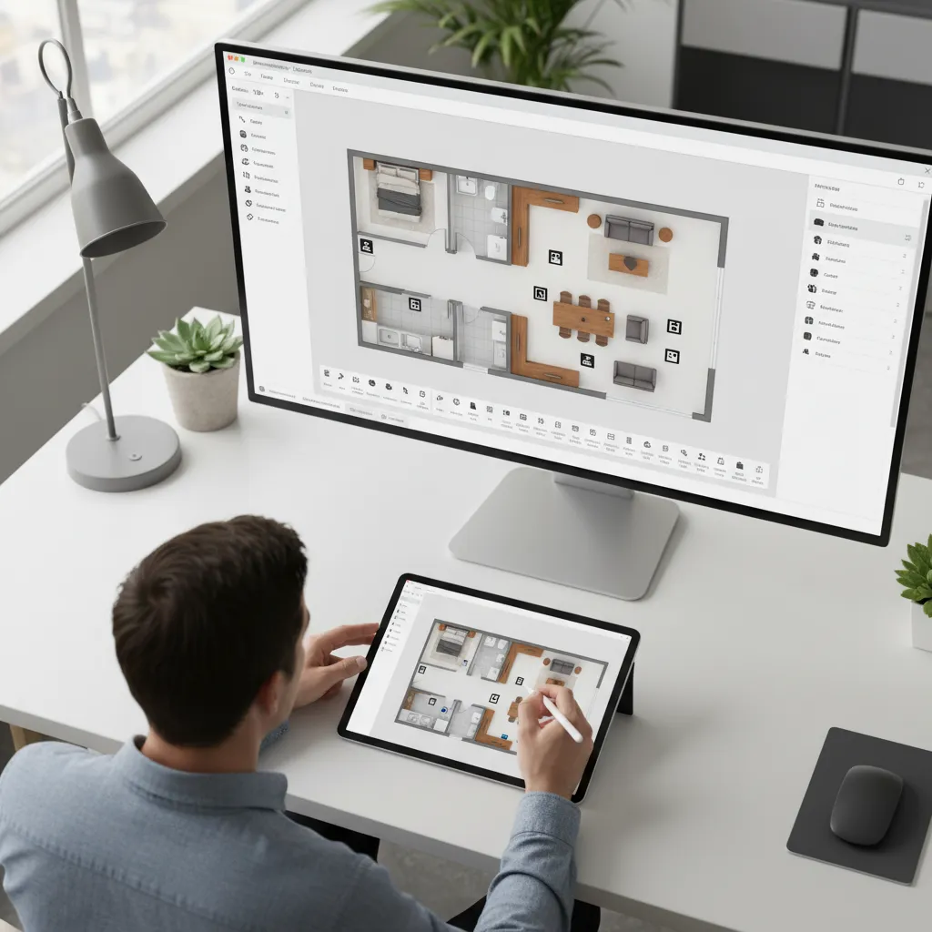 Diseñador moviendo muebles digitalmente en un plano de una vivienda