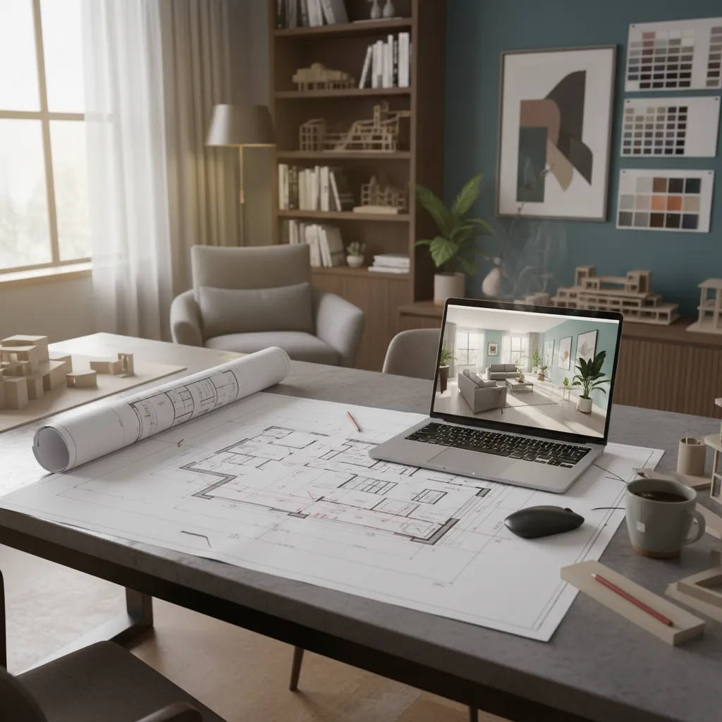 Laptop showing interior design drawing on desk with paper room layout and small building models