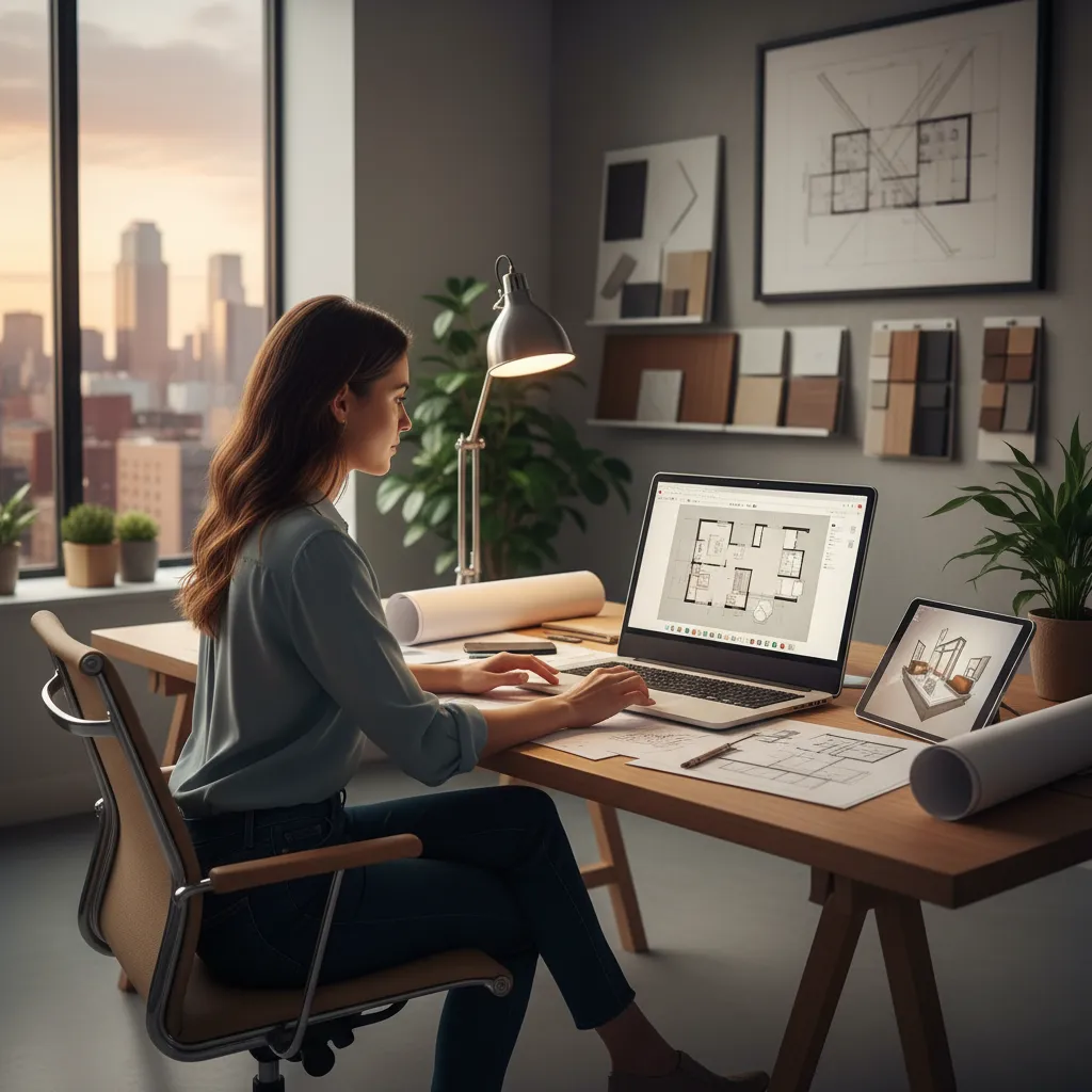 Diseñador trabajando en planificación de distribución de una habitación