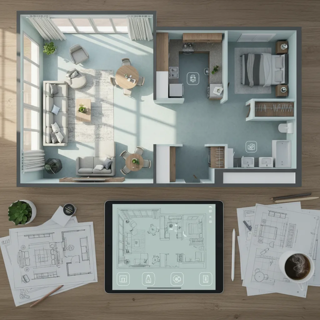 Top view of a 3D apartment model next to a tablet and interior design drawings