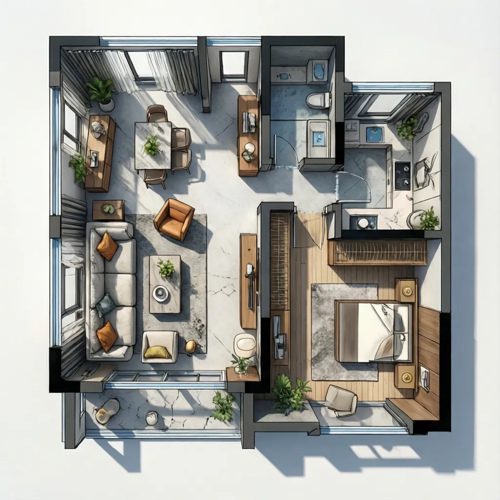 Plano de distribución de un apartamento con zonas de salón, cocina y comedor