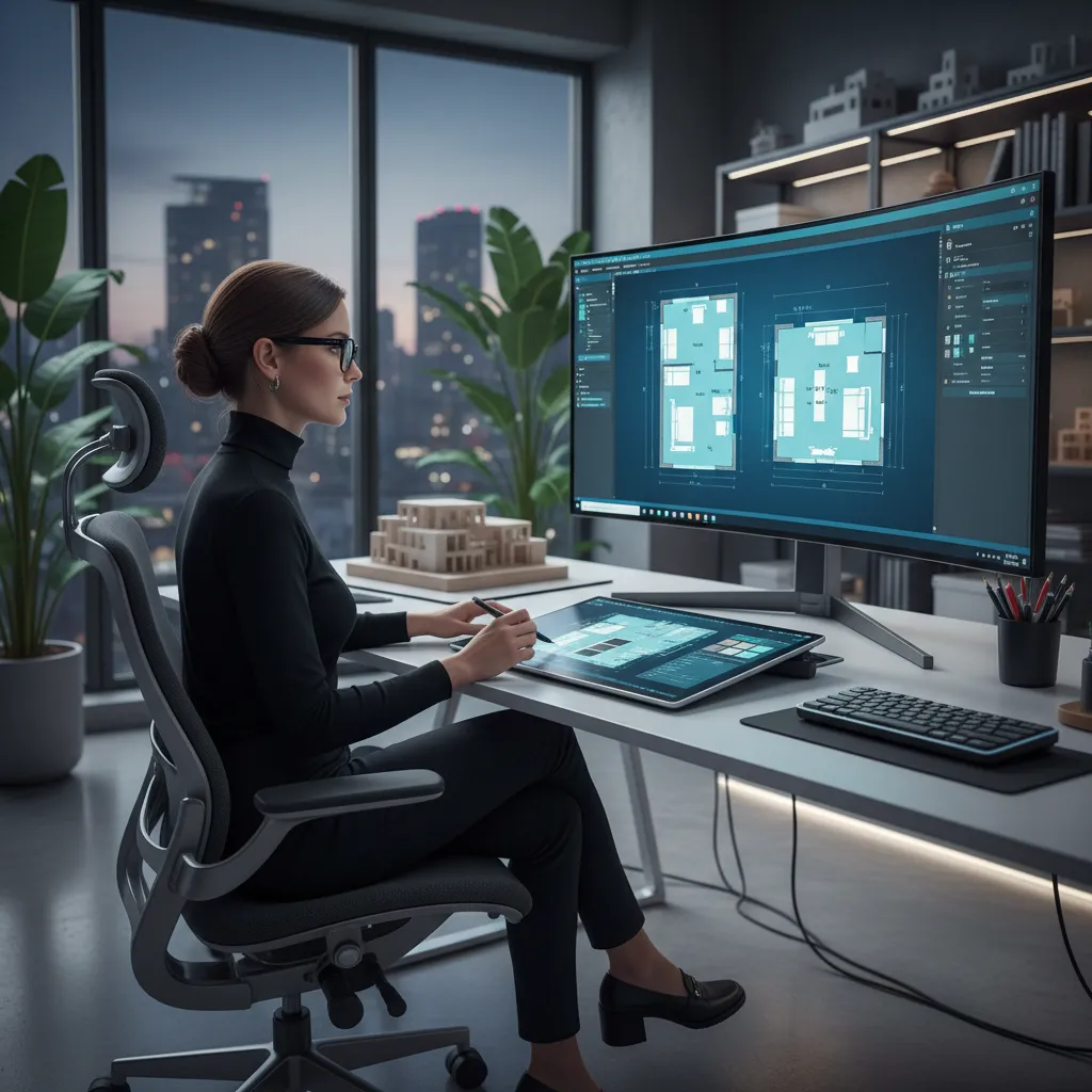 Diseñador revisando distribución de muebles en plano digital de una vivienda