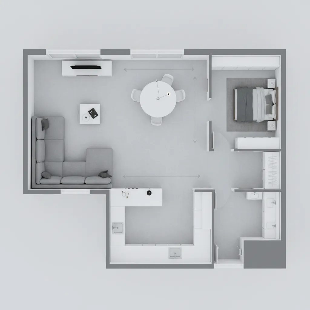 Plano de distribución de sala con diferentes muebles