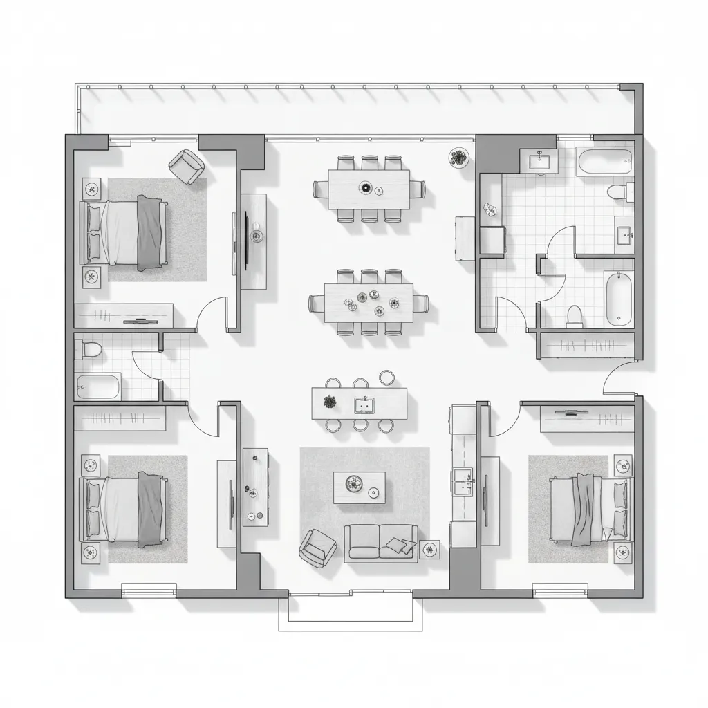 Detailed room layout showing three bedrooms two bathrooms kitchen dining area and living room furniture