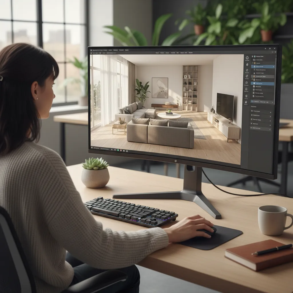 designer working on furniture layout planning on computer