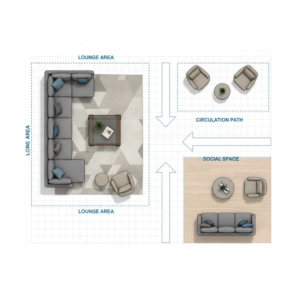 Plano de distribución de una sala con muebles organizados