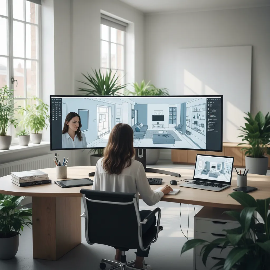 Diseñador revisando la distribución de un salón en un plano digital