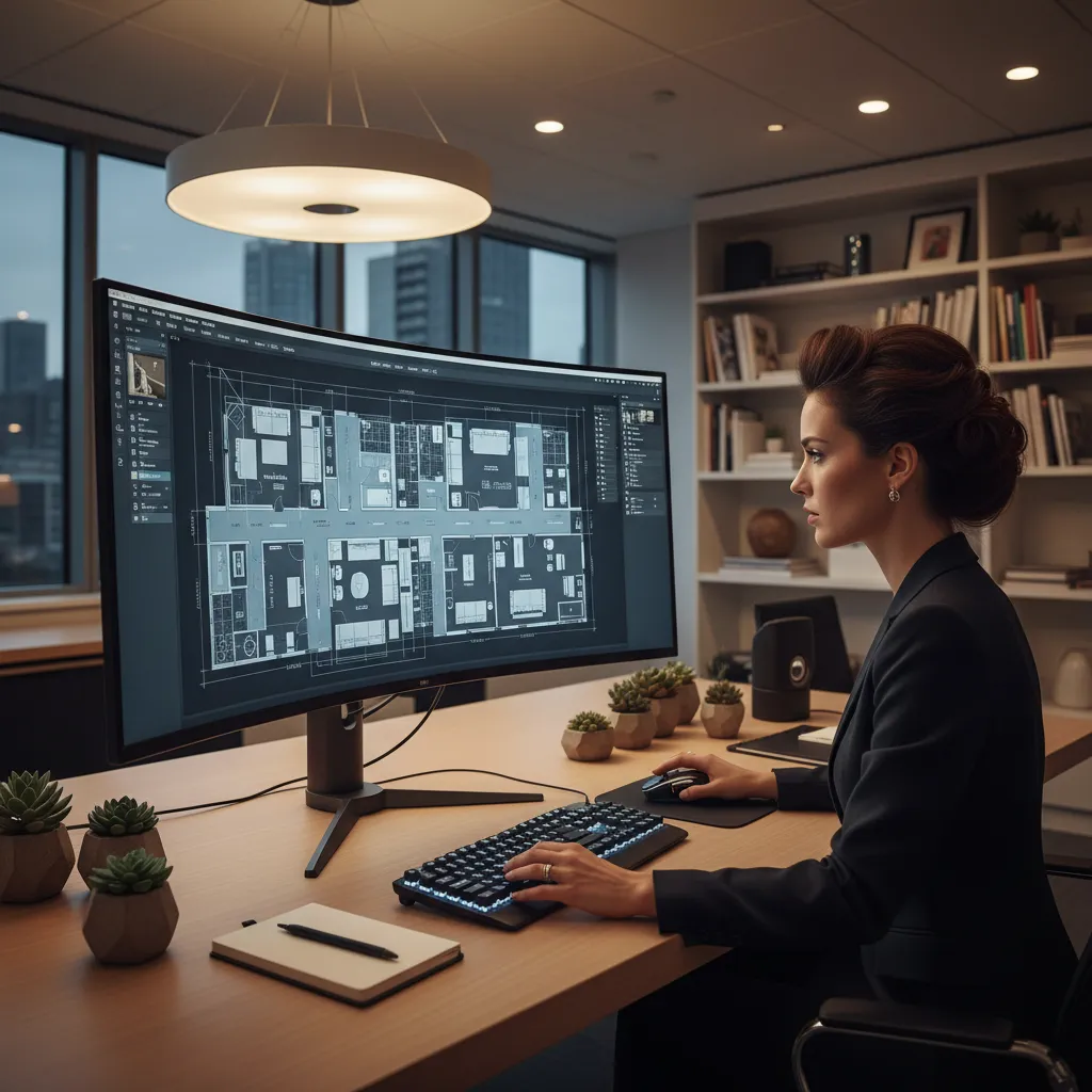 Woman working on large curved computer screen showing detailed floor plan layout in modern office