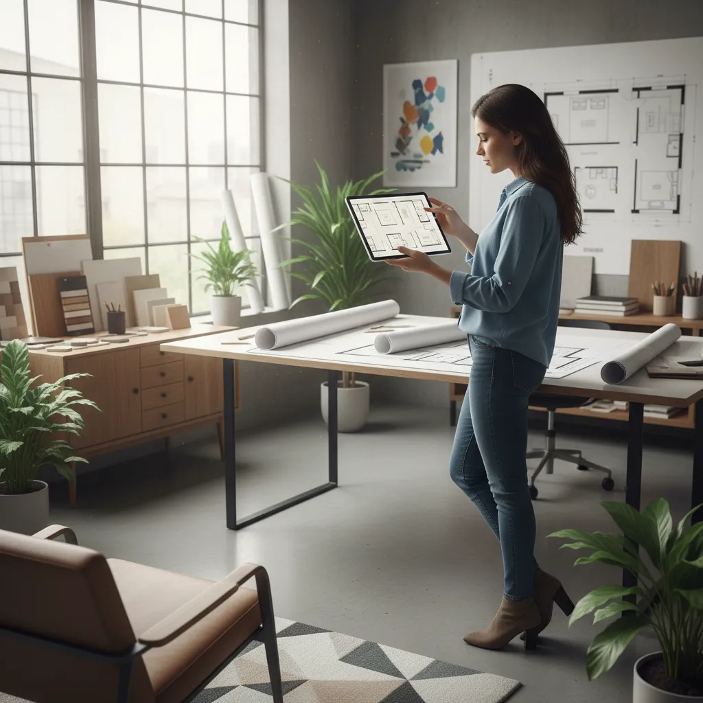 Diseñador revisando distribución de muebles en plano digital