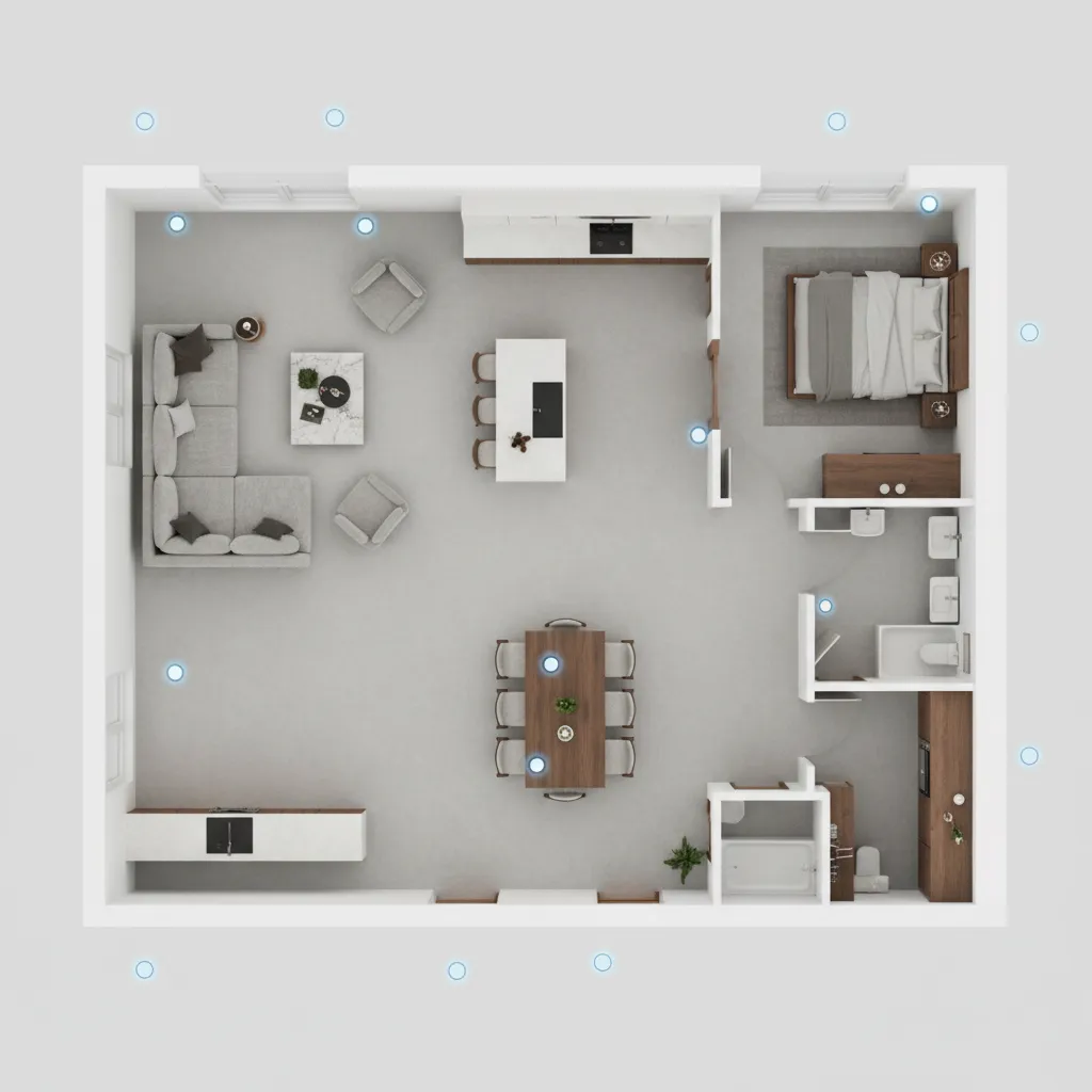 3D floor plan showing lighting and furniture layout planning