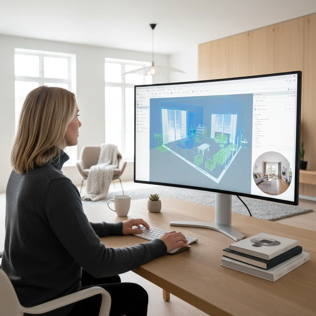 Designer using computer to create a three dimensional room layout showing furniture and wall placement