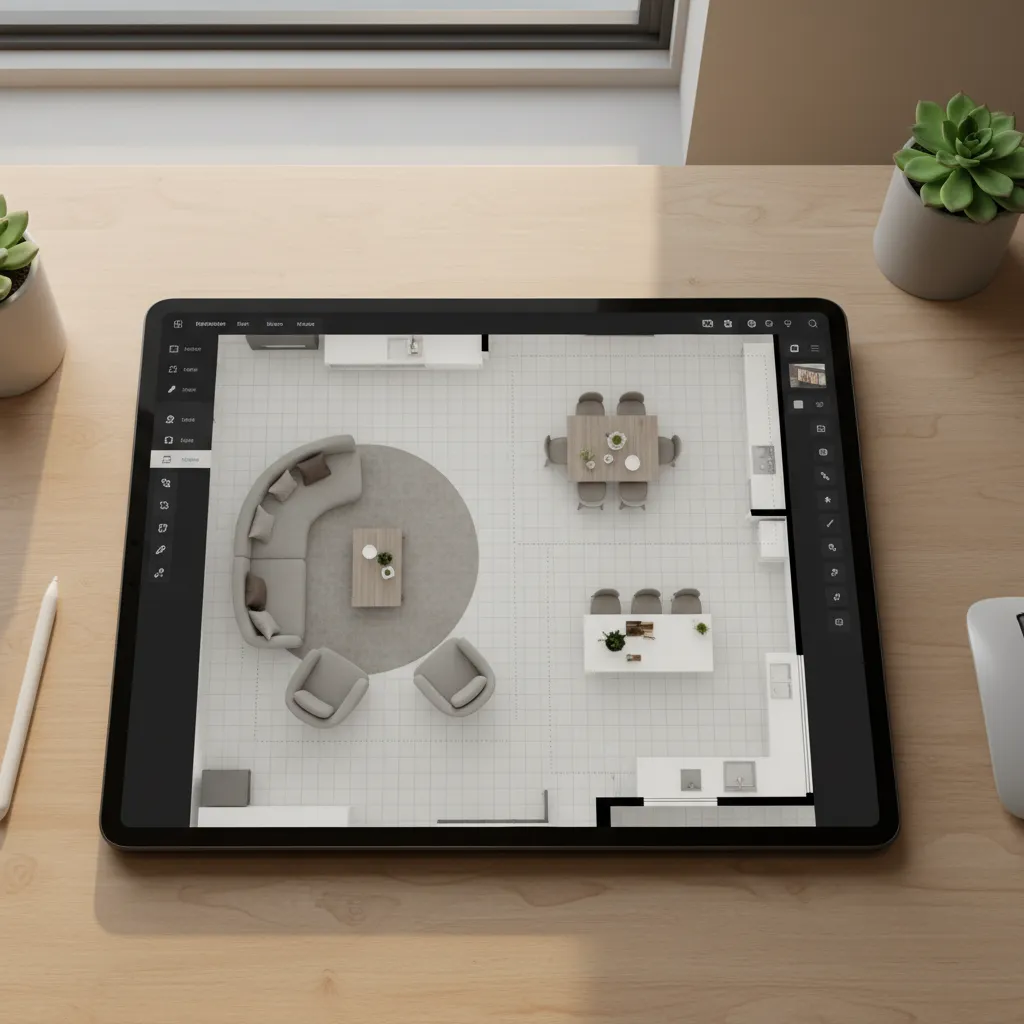 Tablet on wooden desk showing top down room layout with curved sofa and dining table