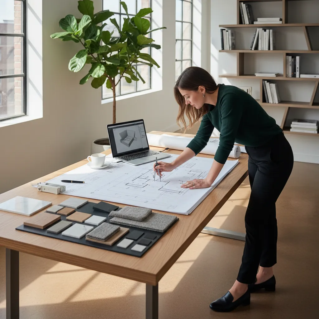 Diseñador analizando planos y distribución interior de una vivienda