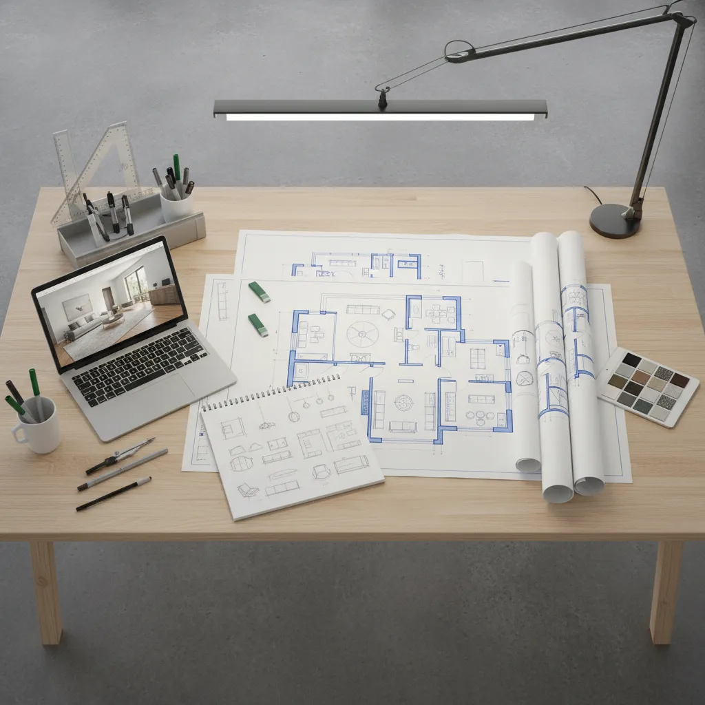 Interior designer reviewing living room floor plan and layout