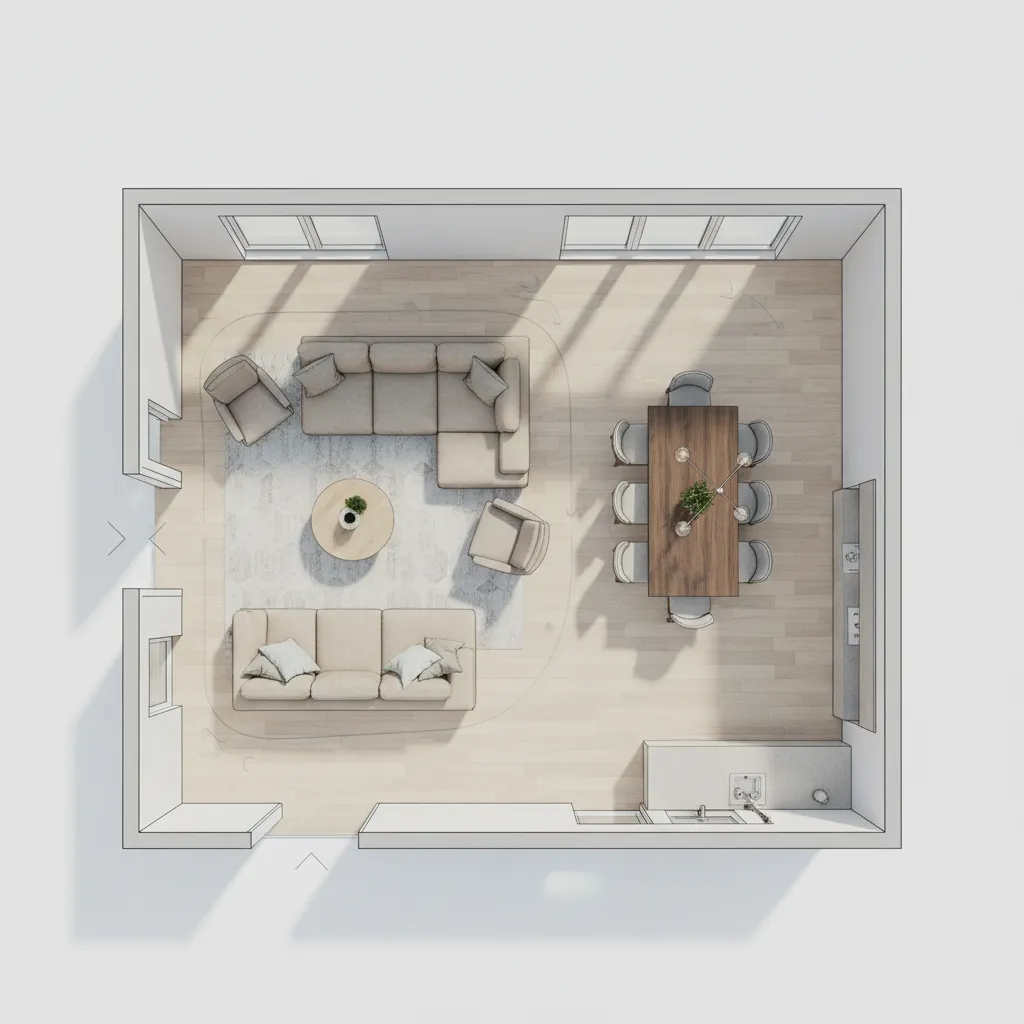 Interior layout planning showing furniture spacing and walking paths