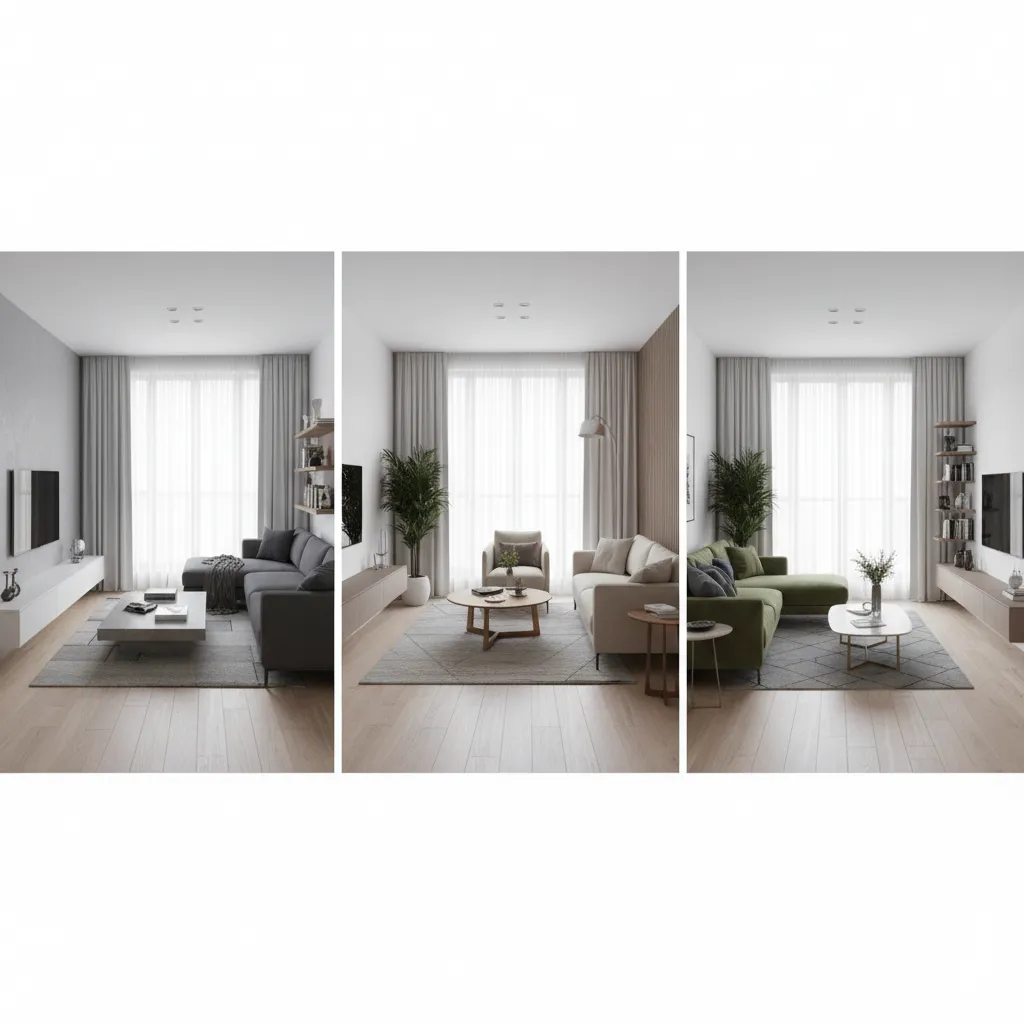 Comparison of three different living room furniture layouts showing grey beige and green sofa options