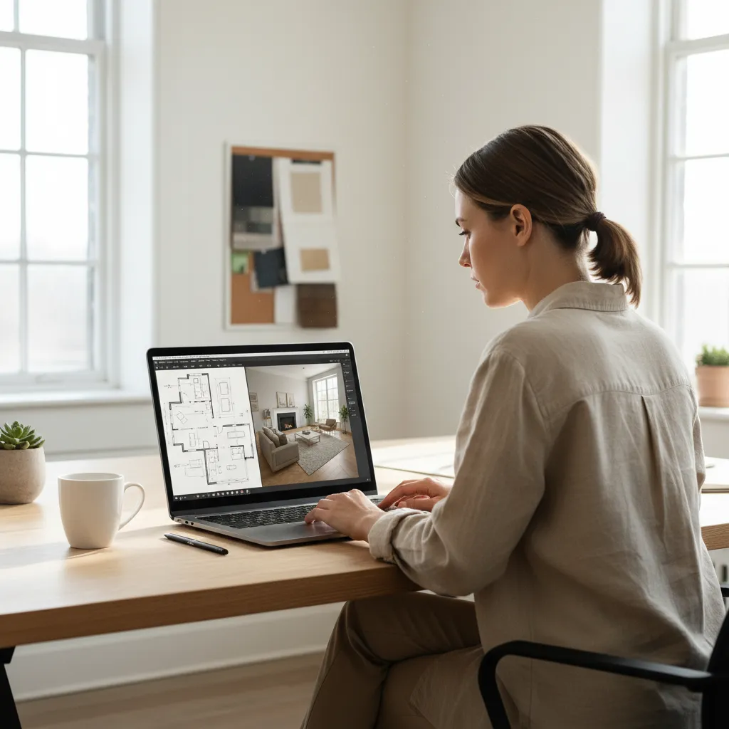 Interior designer planning furniture layout using home design software