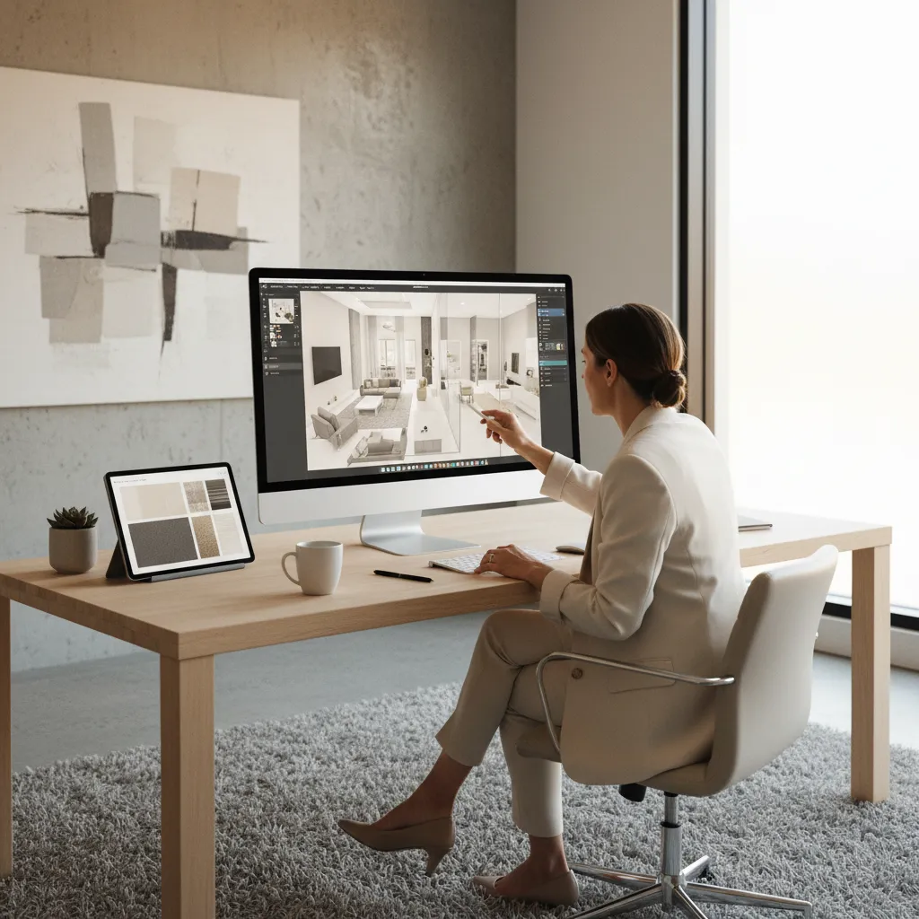 Interior designer adjusting furniture layout using a floor plan creator tool