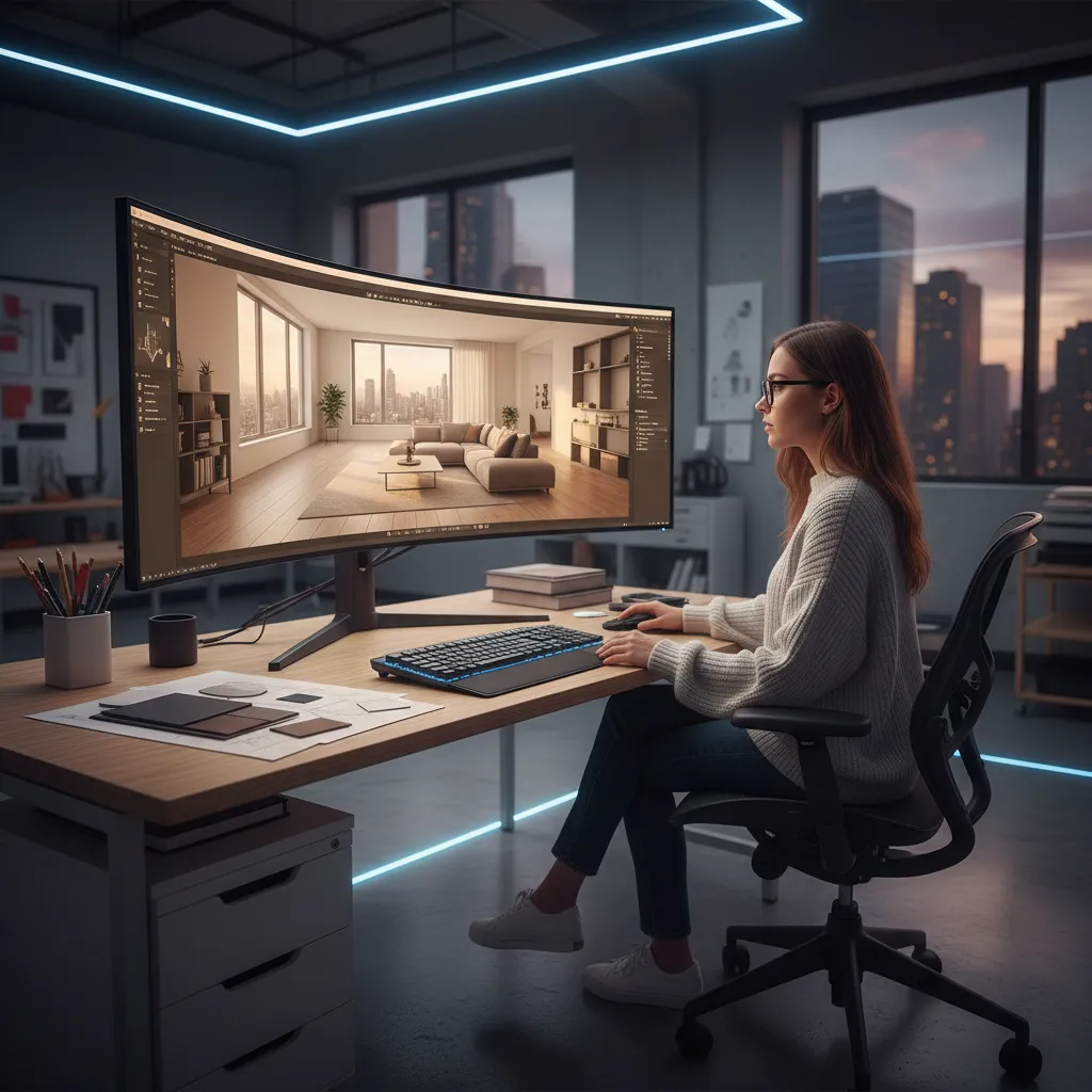 Diseñador organizando muebles virtuales dentro de un plano digital