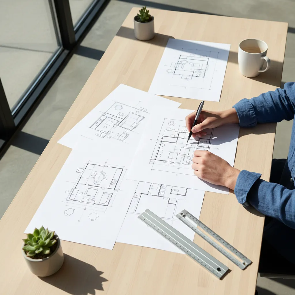Proceso de planificación de distribución de una habitación con planos y muebles