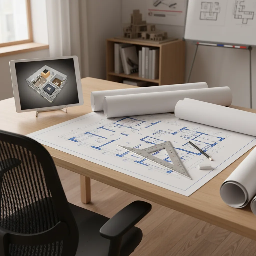 architectural desk with printed floor plans measuring tools and tablet