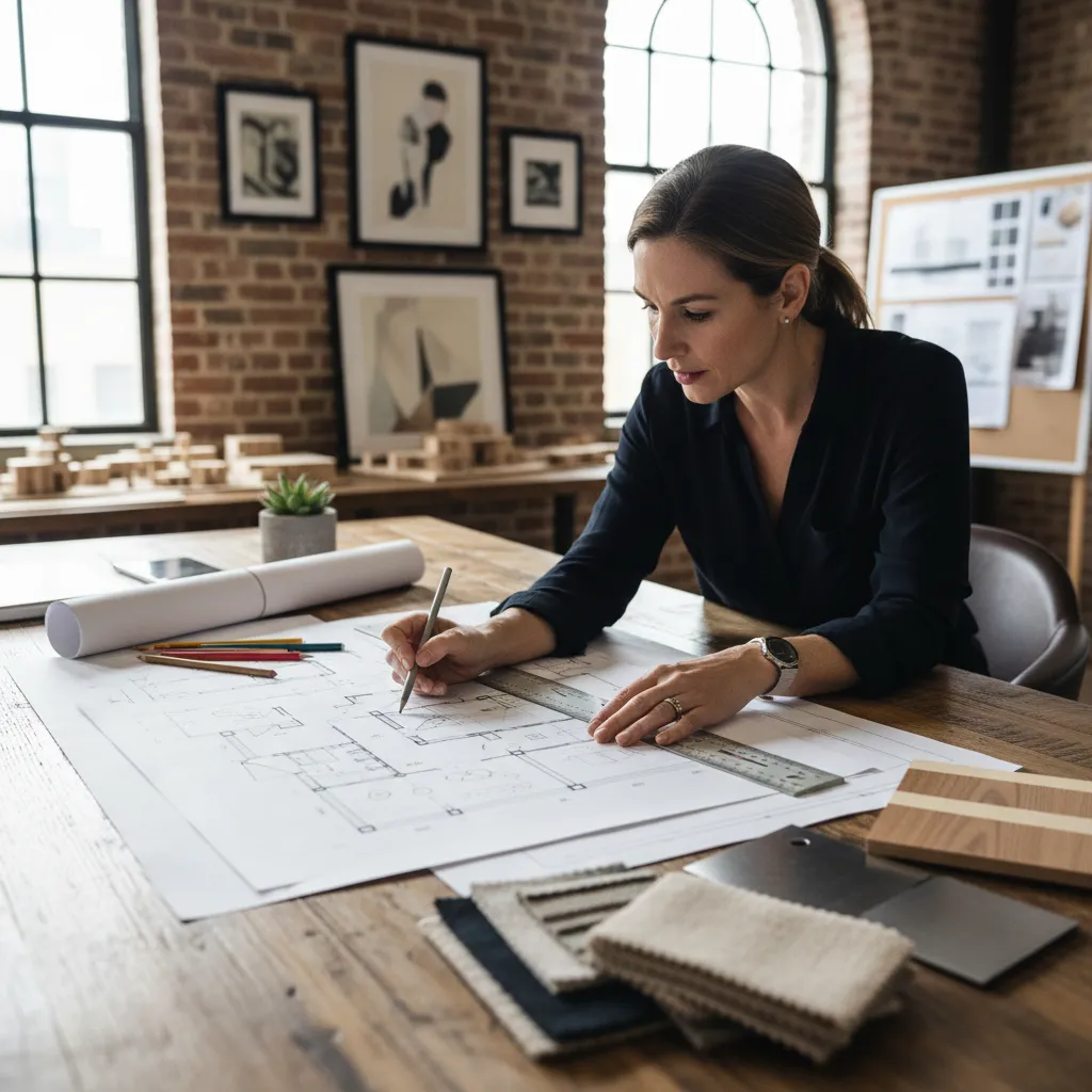 A woman drawing a room layout on paper using a pencil ruler and fabric material samples