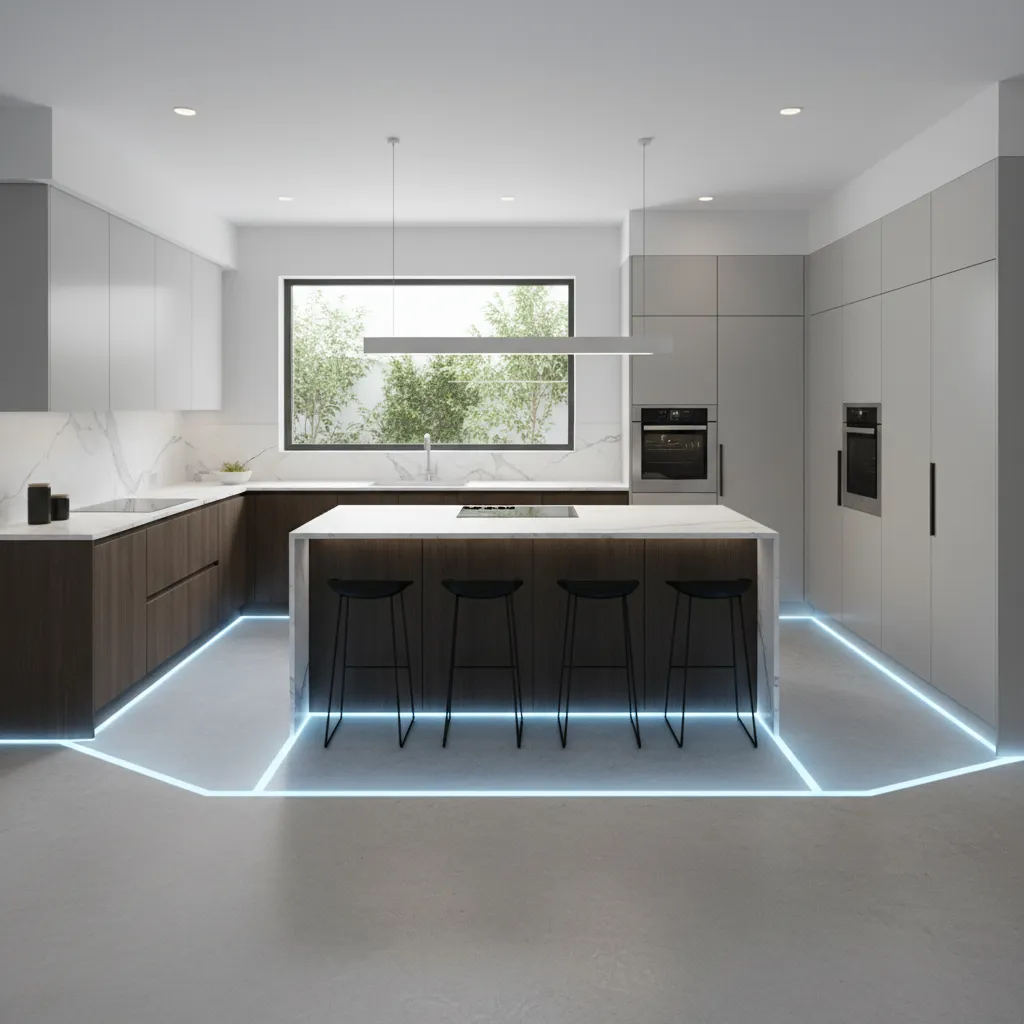 Visualización 3D de una cocina con isla mostrando el espacio de circulación