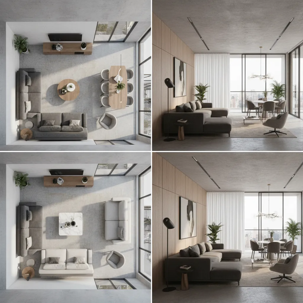 Render mostrando diferentes distribuciones de mobiliario