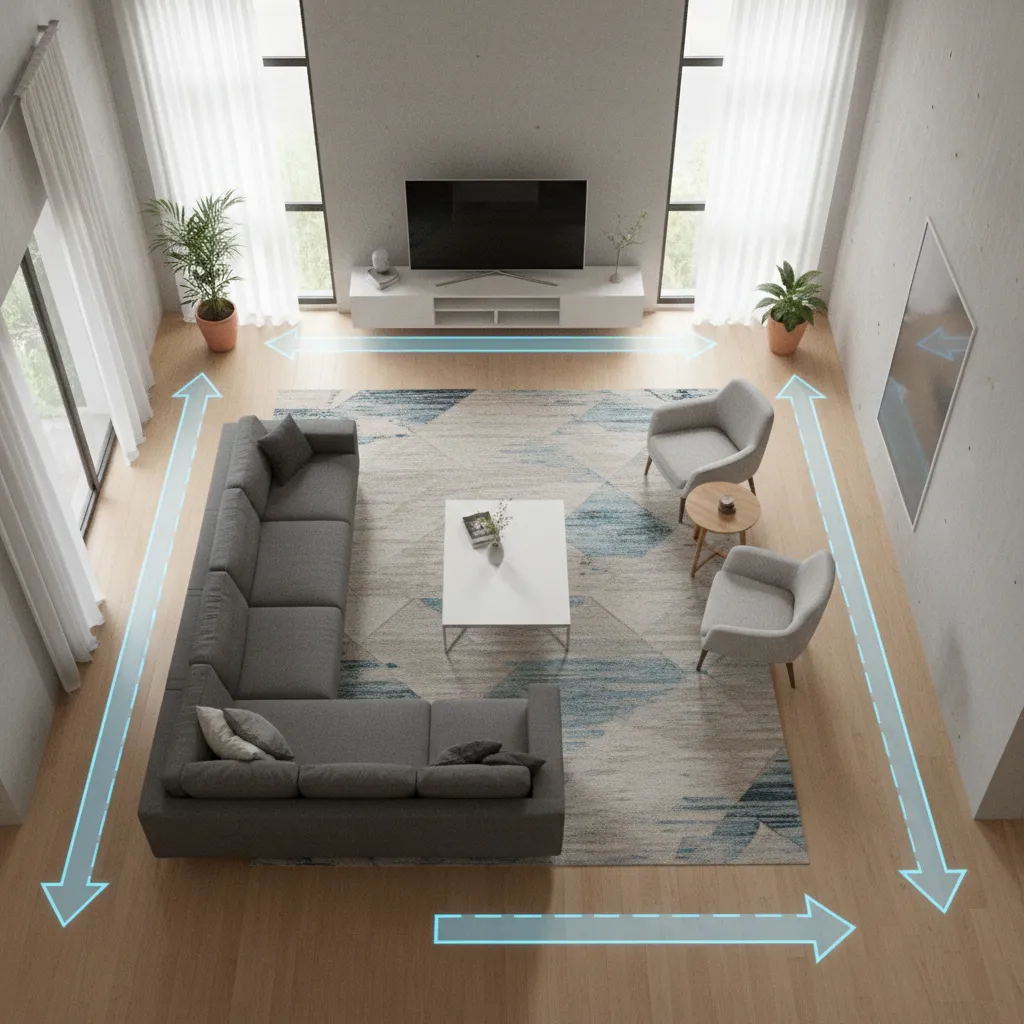 Diseño de distribución de muebles en un salón visto en modelo 3D