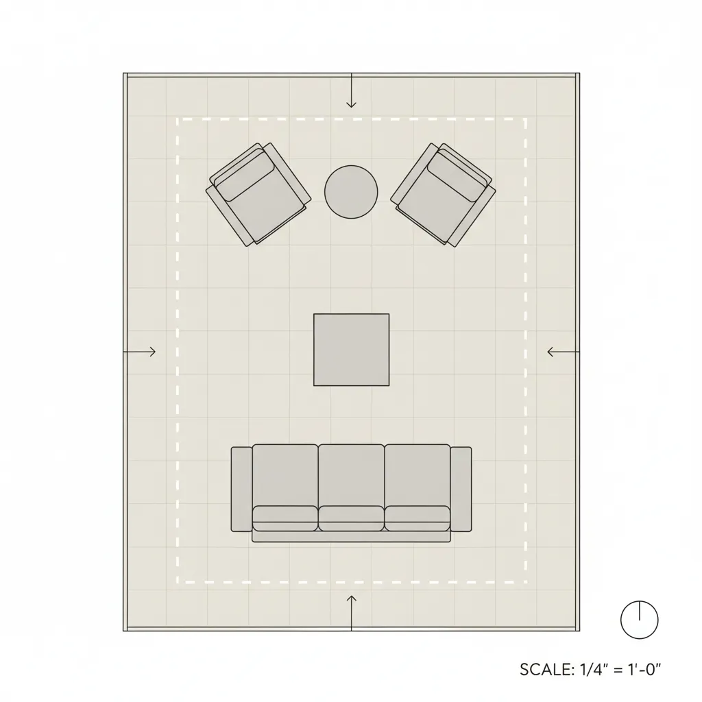 top view room layout showing sofa table spacing and walkway clearance