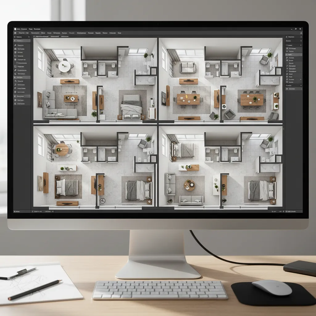 Diferentes distribuciones de muebles probadas en un plano digital