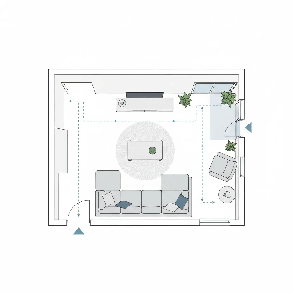Interior floor plan diagram showing walking paths and traffic flow