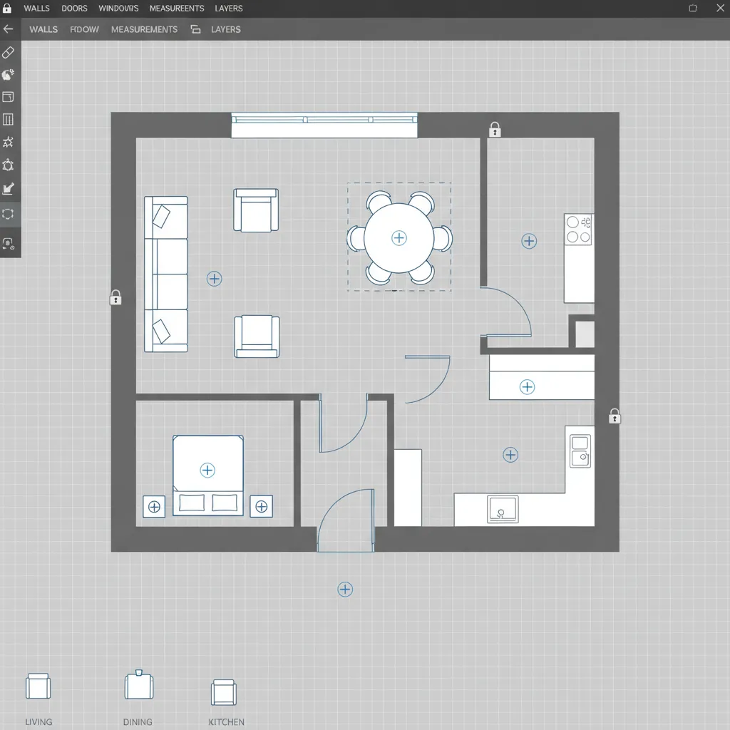 Digital apartment layout with locked walls and movable furniture pieces