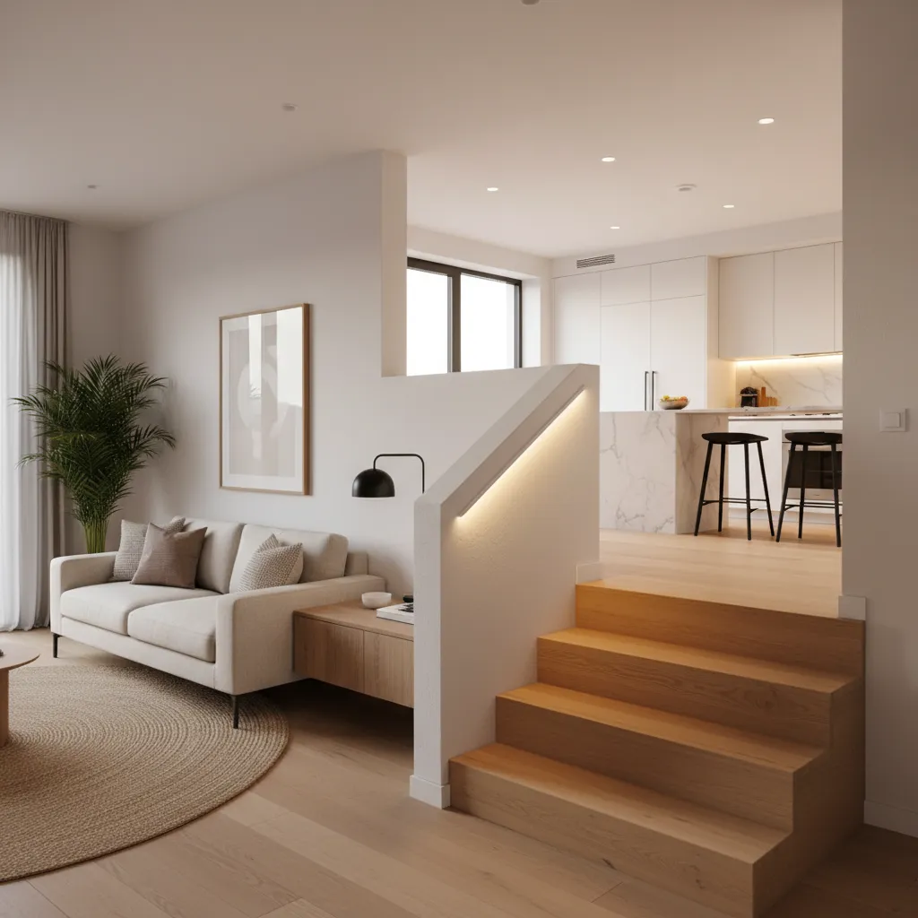 Pequeños escalones interiores conectando diferentes zonas de la casa