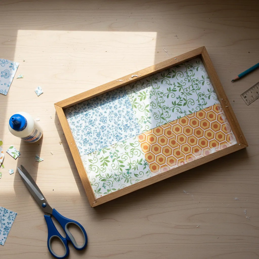 Decoración con papel decorativo en la tapa interior de una caja de madera