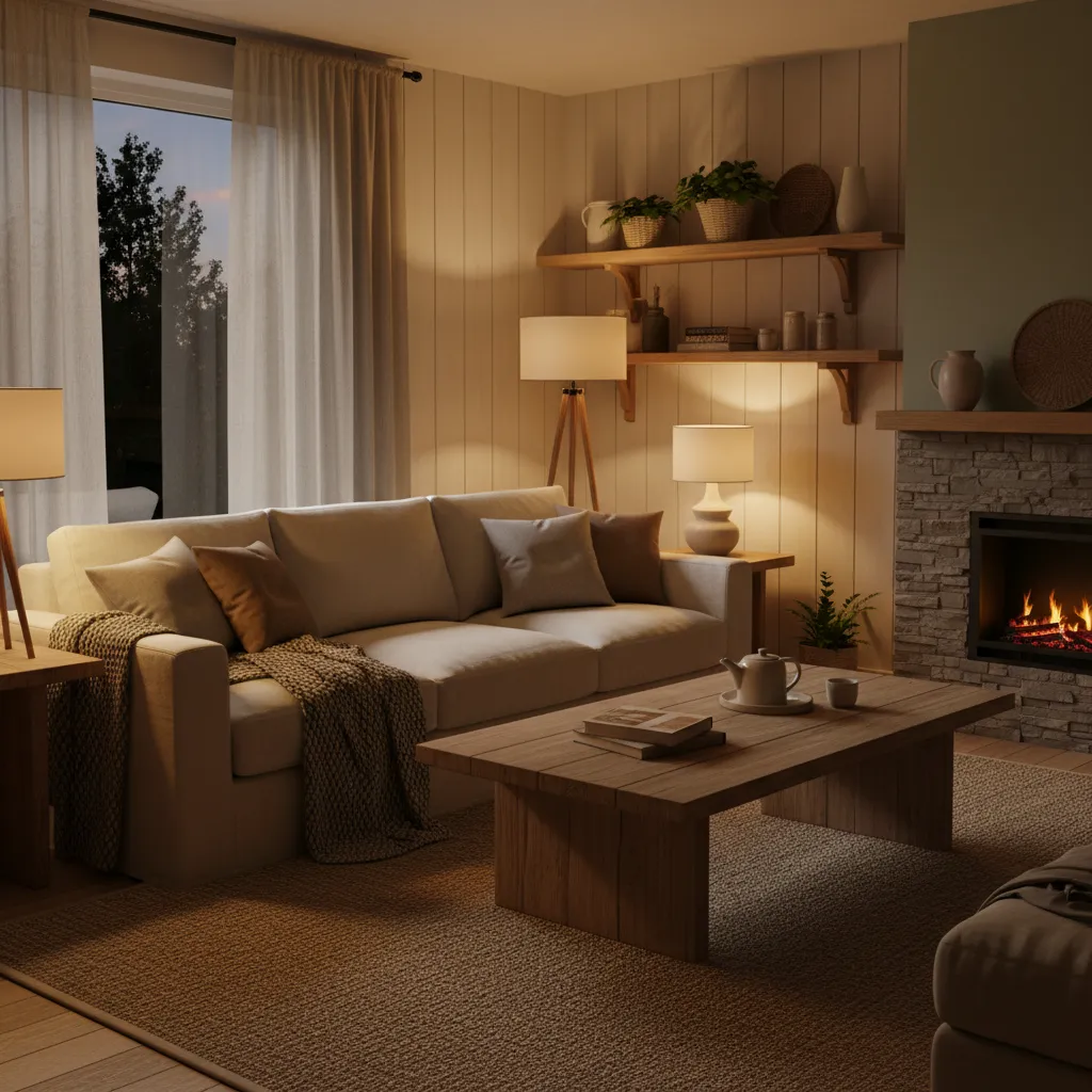 Cozy living room with warm light from lamps fireplace sofa wooden coffee table and rug