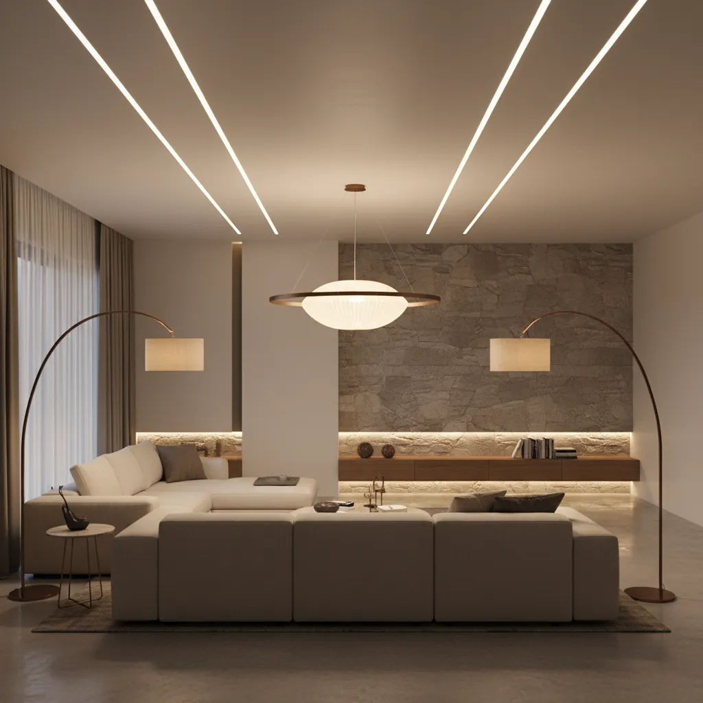 Diseño de iluminación en una sala moderna con diferentes tipos de luz