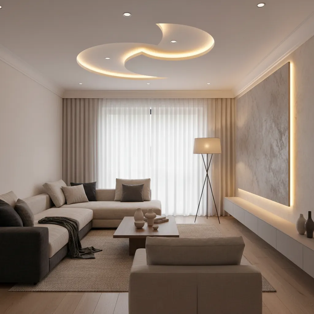 Modern living room with curved ceiling light fixture floor lamp wall panel and grey sofa