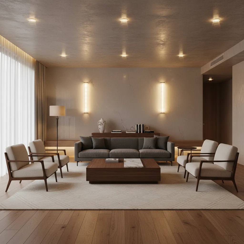 Diseño de iluminación interior con diferentes capas de luz en un salón moderno