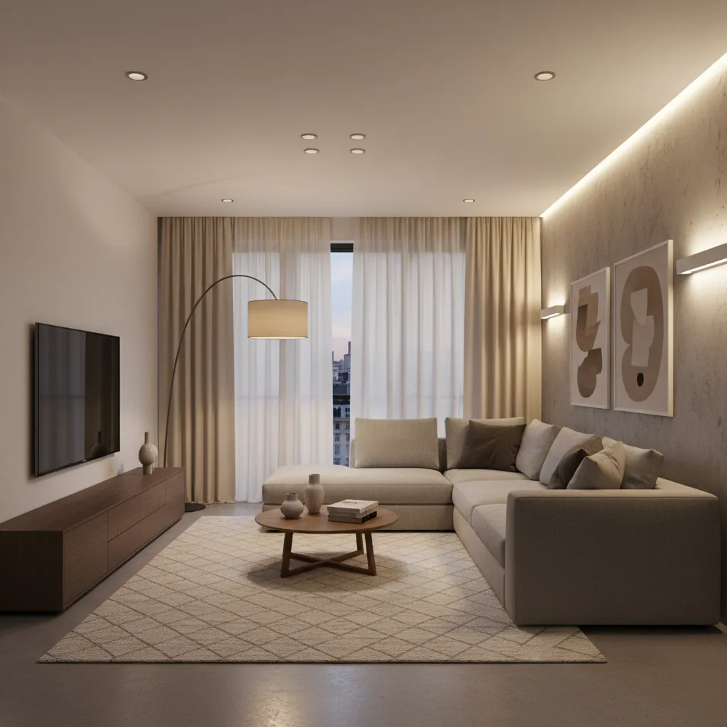 Diseño de iluminación en salón moderno con diferentes capas de luz