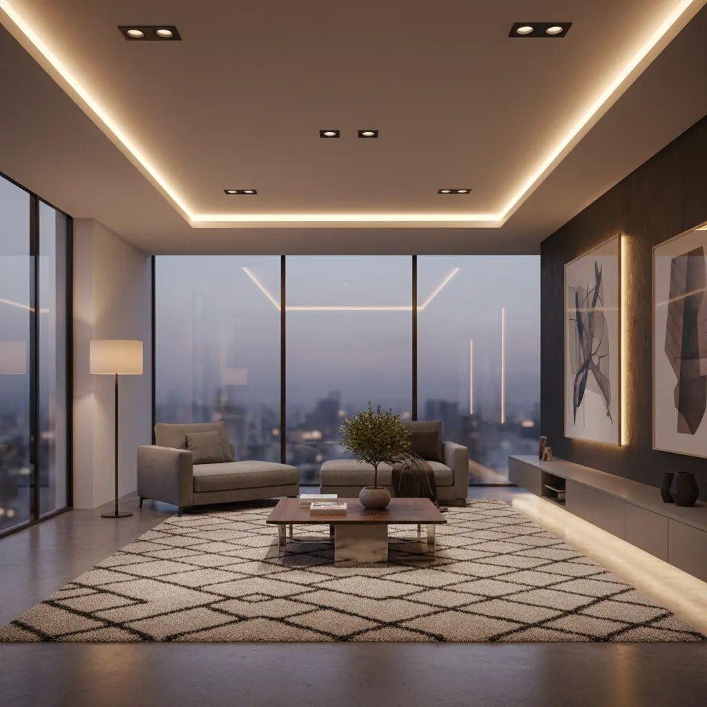 Salón con iluminación ambiental, funcional y decorativa