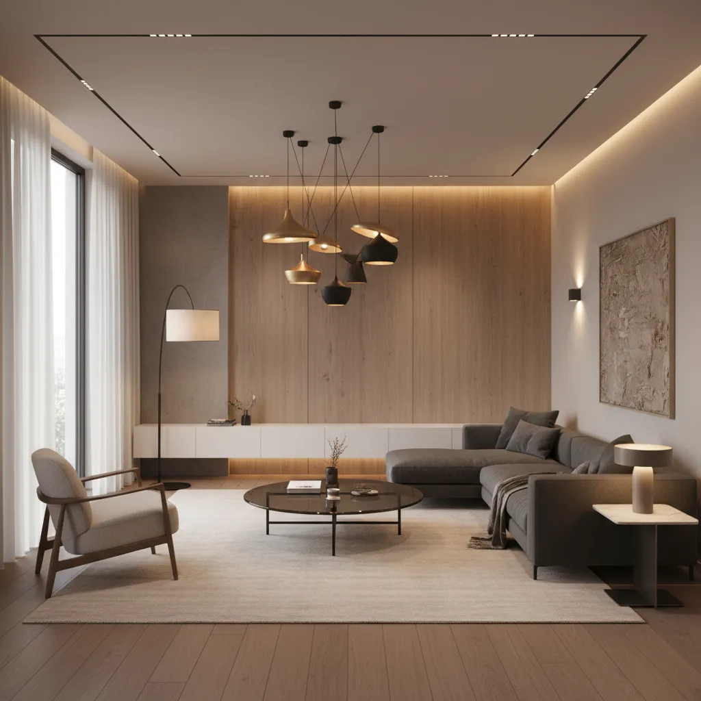 Sala moderna mostrando diferentes tipos de iluminación interior