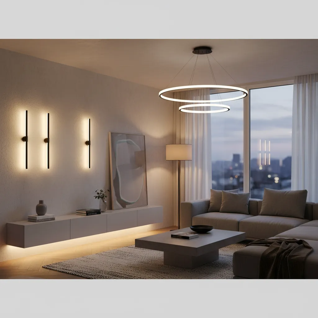 Modern living room with round ceiling light wall light grey sofa and large city windows