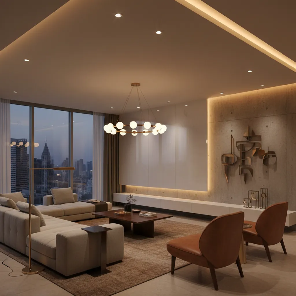 Salón moderno mostrando diferentes capas de iluminación interior